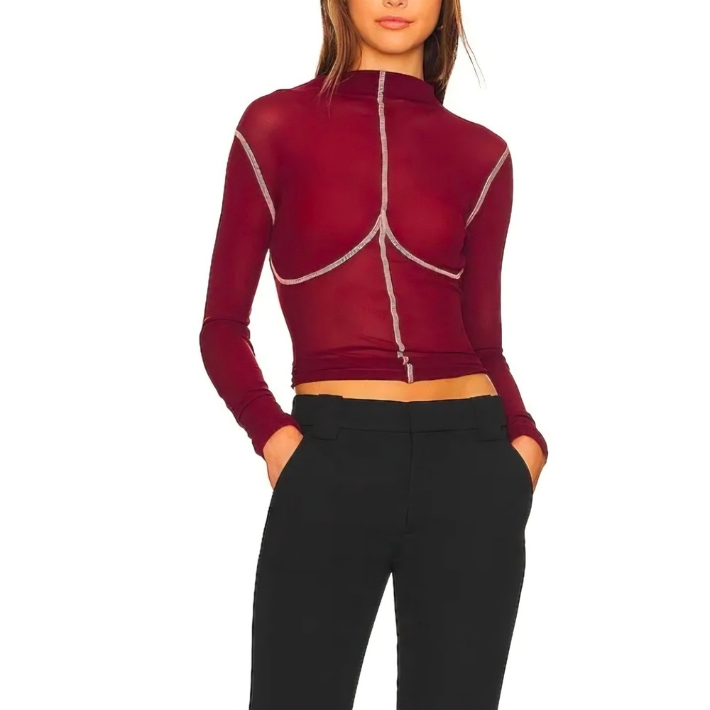 ATOIR‎ x LARA WORTHINGTON Maroon Mesh Mock Neck Long Sleeve Stretchy  Top XS